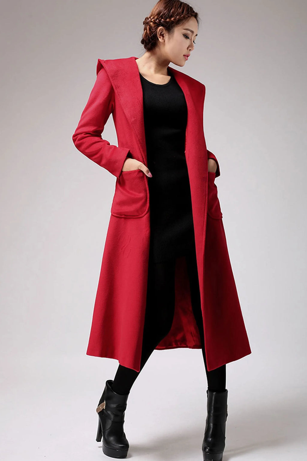 Vintage Wool Coat for Women – Handmade Red Hooded Swing A-Line Winter Coat 