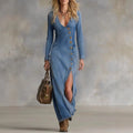 Denim Long Sleeve Midi Dress With Button Front And Side Slit