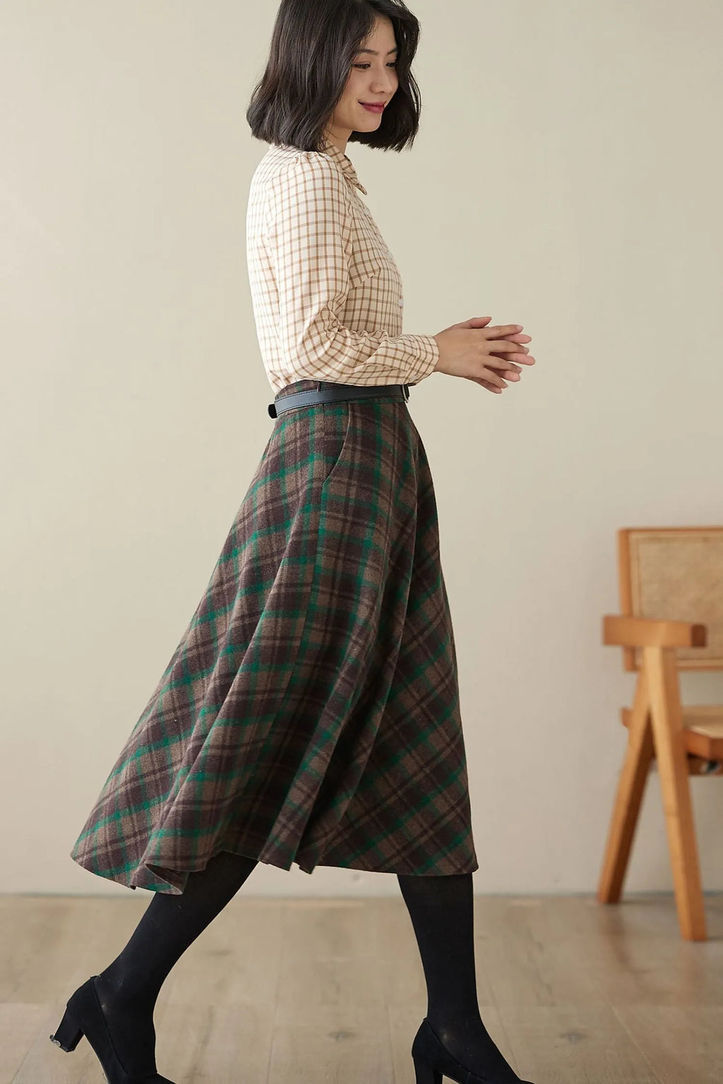 Brown Wool Midi Skirt - High-Waisted A-Line Plaid 4623