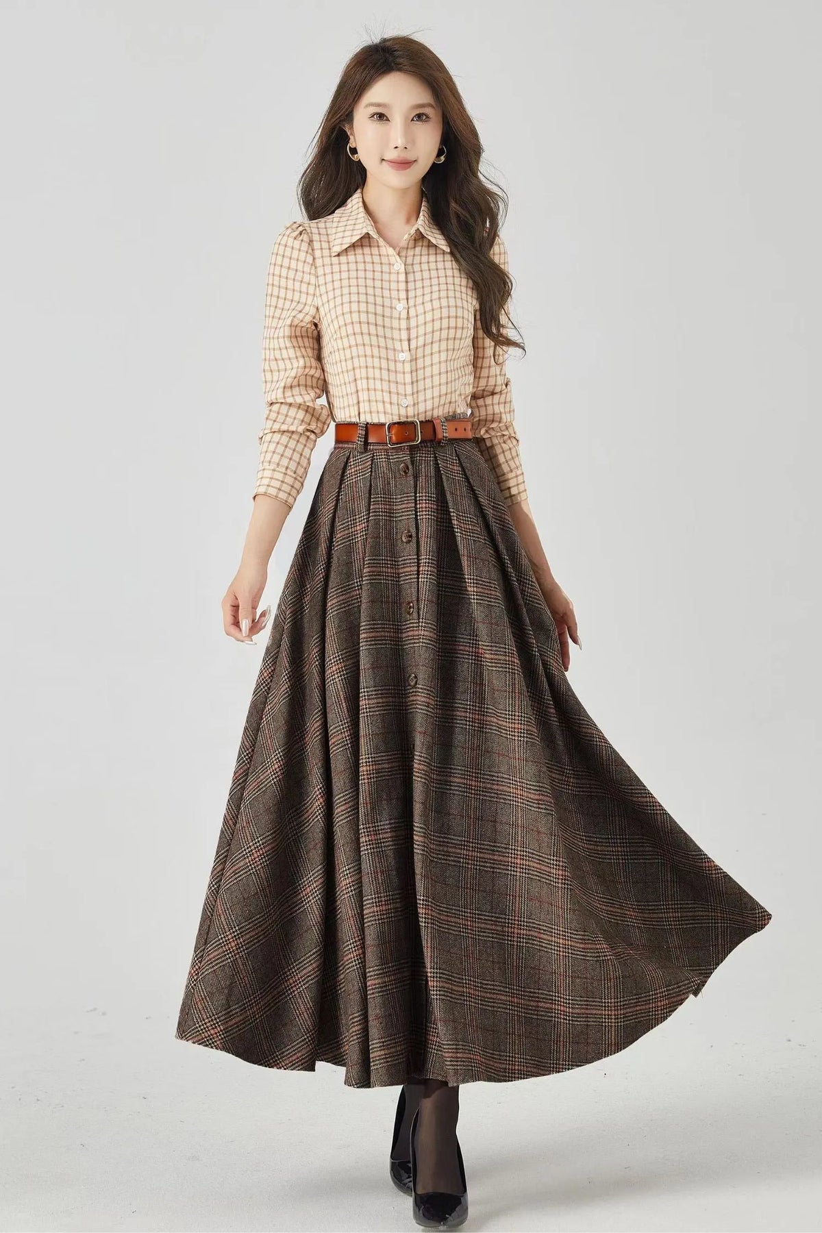 Plaid Wool A-Line Long Skirt - Flared Ankle-Length Winter Style 4536