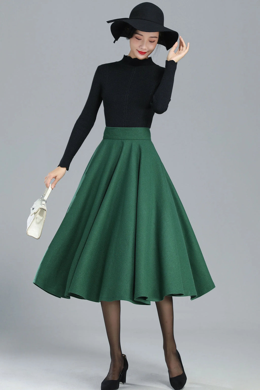 Green Wool Full Circle Skirt - Pleated High Waist Winter Essential 3248