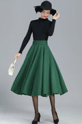 Green Wool Full Circle Skirt - Pleated High Waist Winter Essential 3248