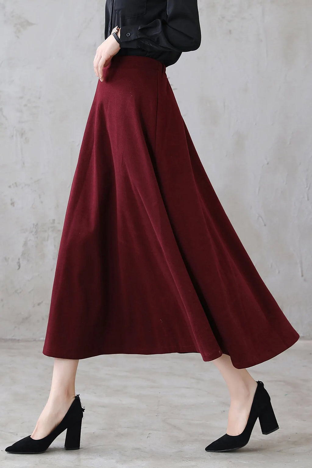 Burgundy Wool Midi Skirt - High Waist Flared A-Line Silhouette 3114