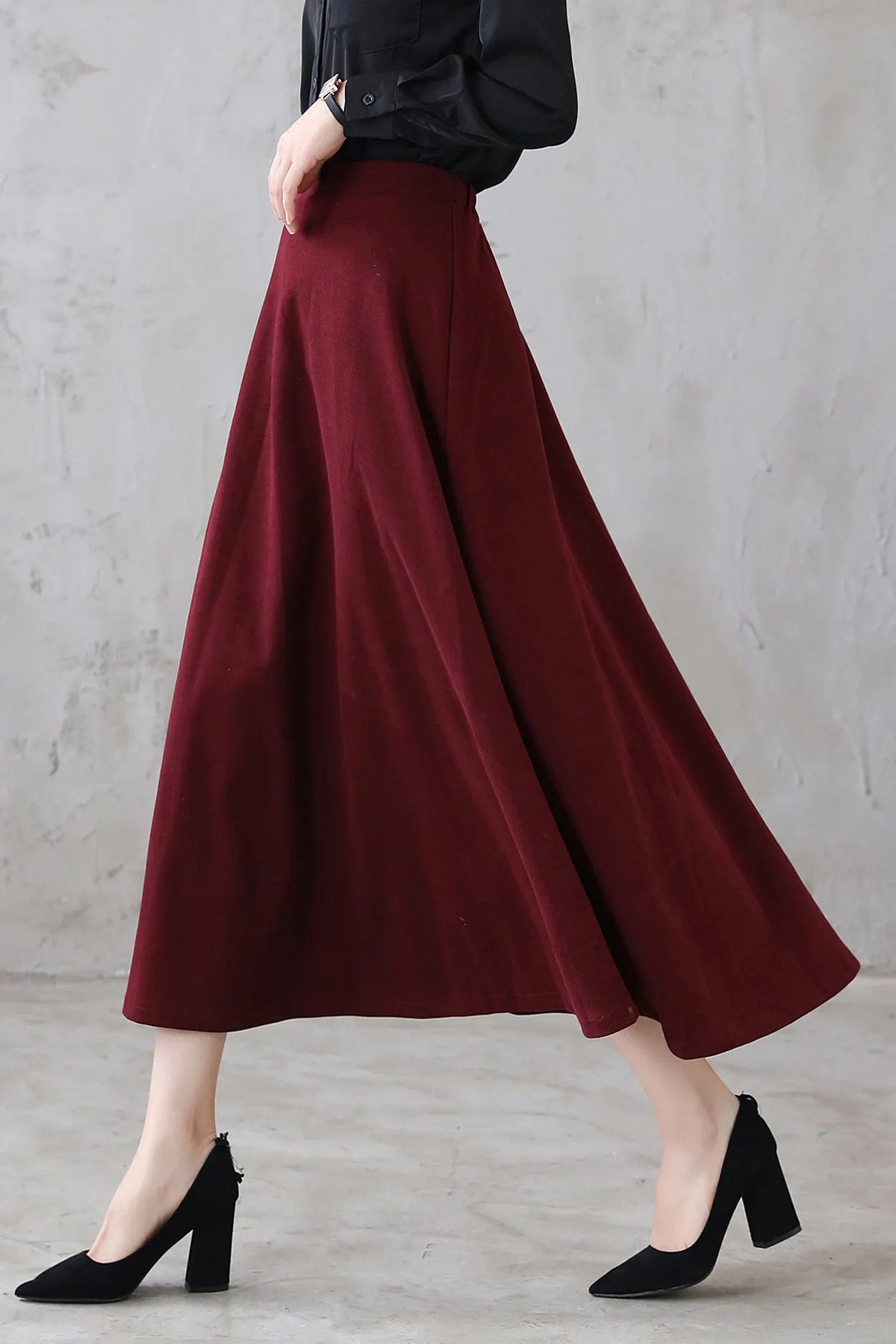 Burgundy Wool Midi Skirt - High Waist Flared A-Line Silhouette 3114