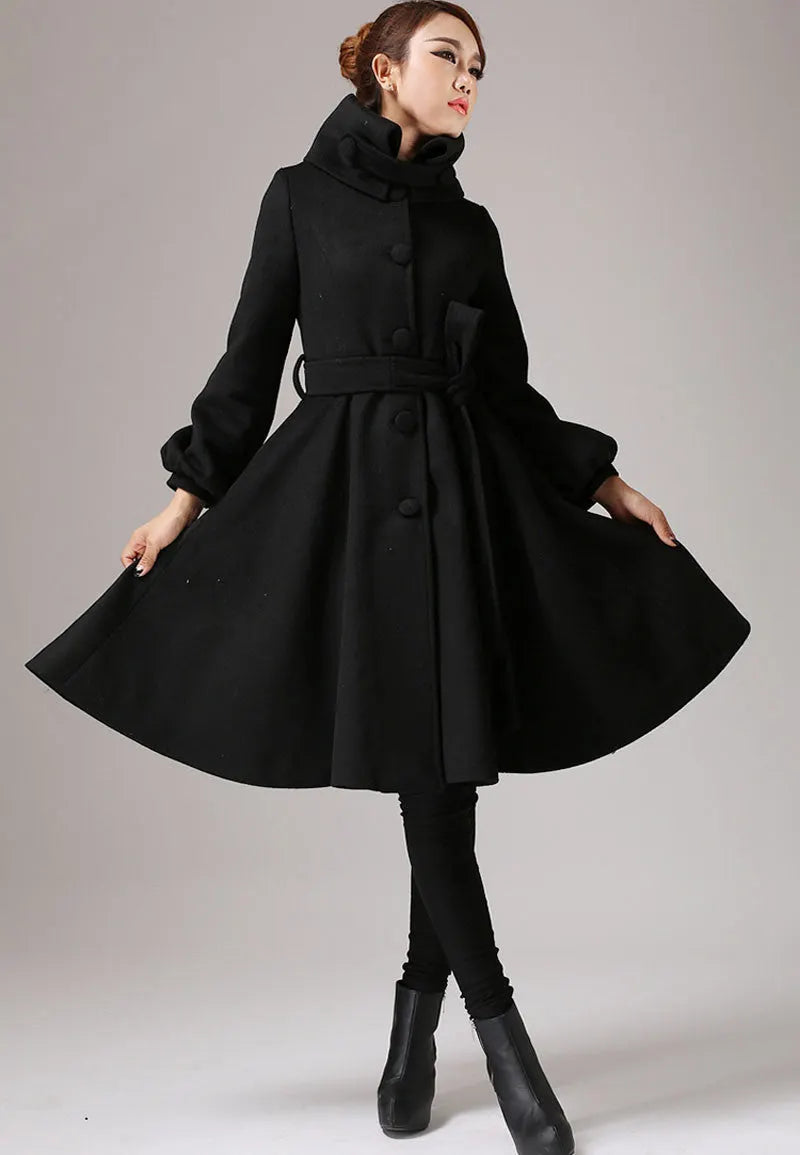 Wool Blend Winter Coat – Vintage Shawl Collar Belted A-Line Jacket 0753