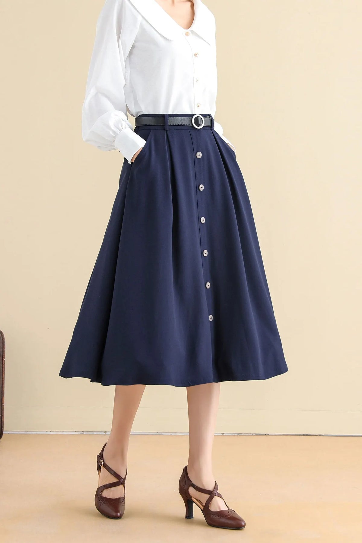 Brown Button Front Midi Skirt – Vintage A-Line Cotton Blend Skirt with Pockets 2521