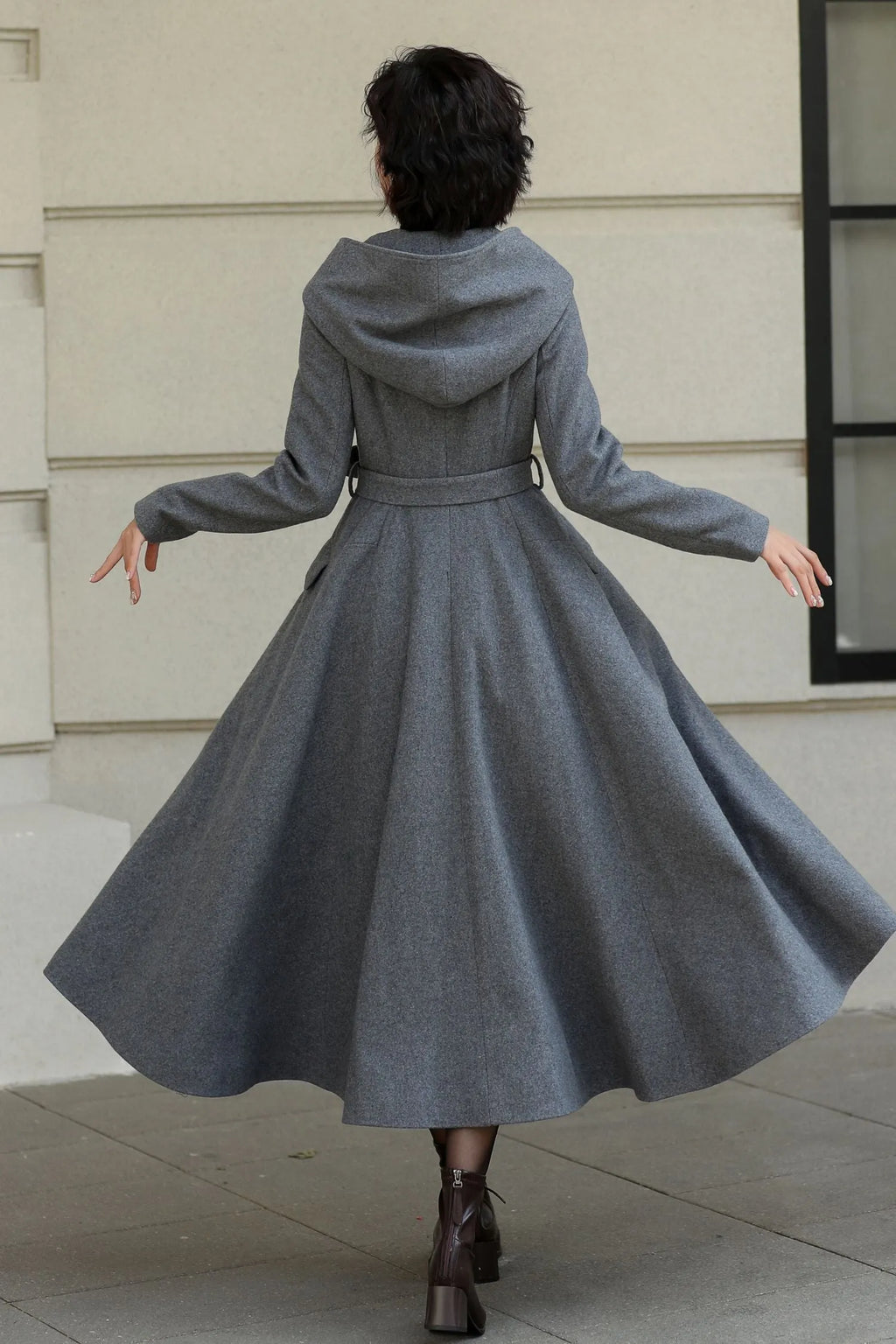 Gray Wool Long Coat - Hooded, Tie Belt, Fitted Waist 6535