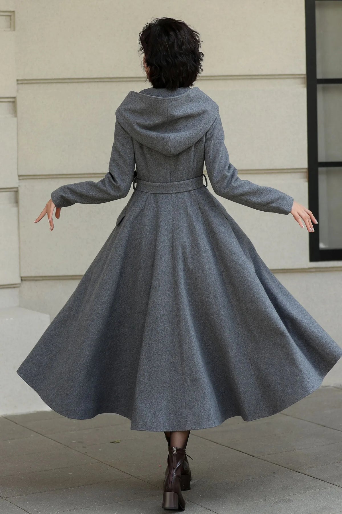 Gray Wool Long Coat - Hooded, Tie Belt, Fitted Waist 6535