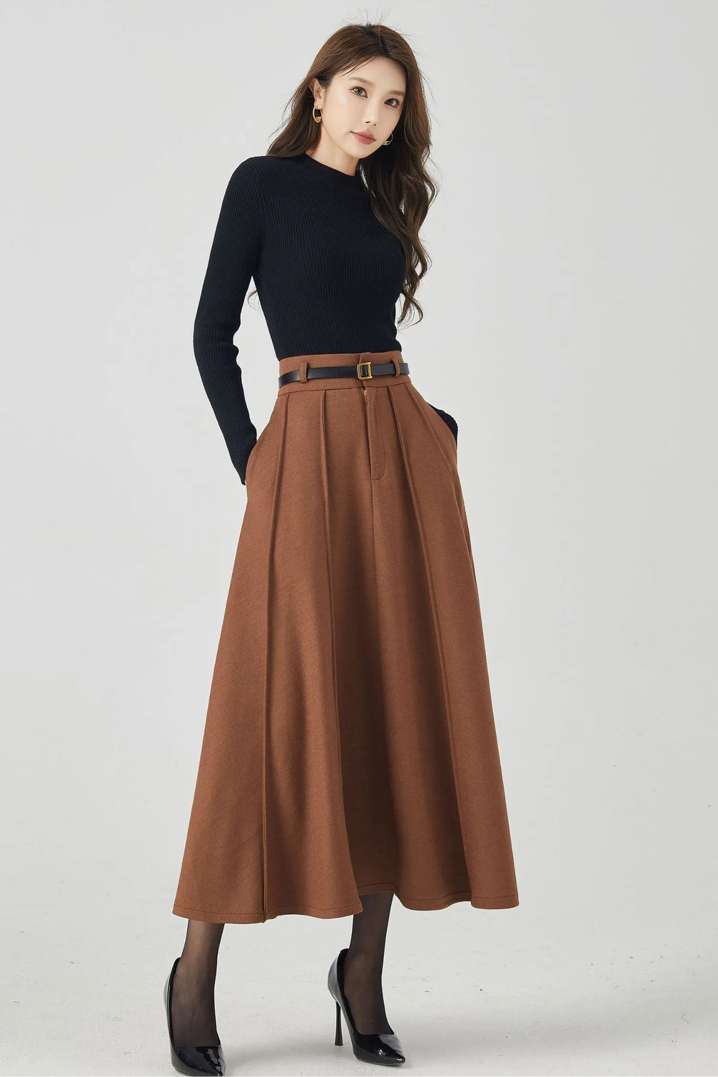 Brown Wool Pleated Midi Skirt – High Waist Winter Skirt with Pockets 4531