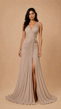 Taupe Ruched V‐Neck Chiffon Evening Gown With Floral