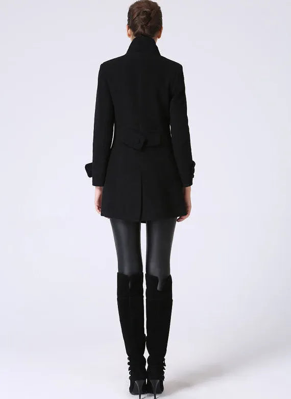 Black Wool Blend Coat - Tailored Short with Stand-Up Collar 1070