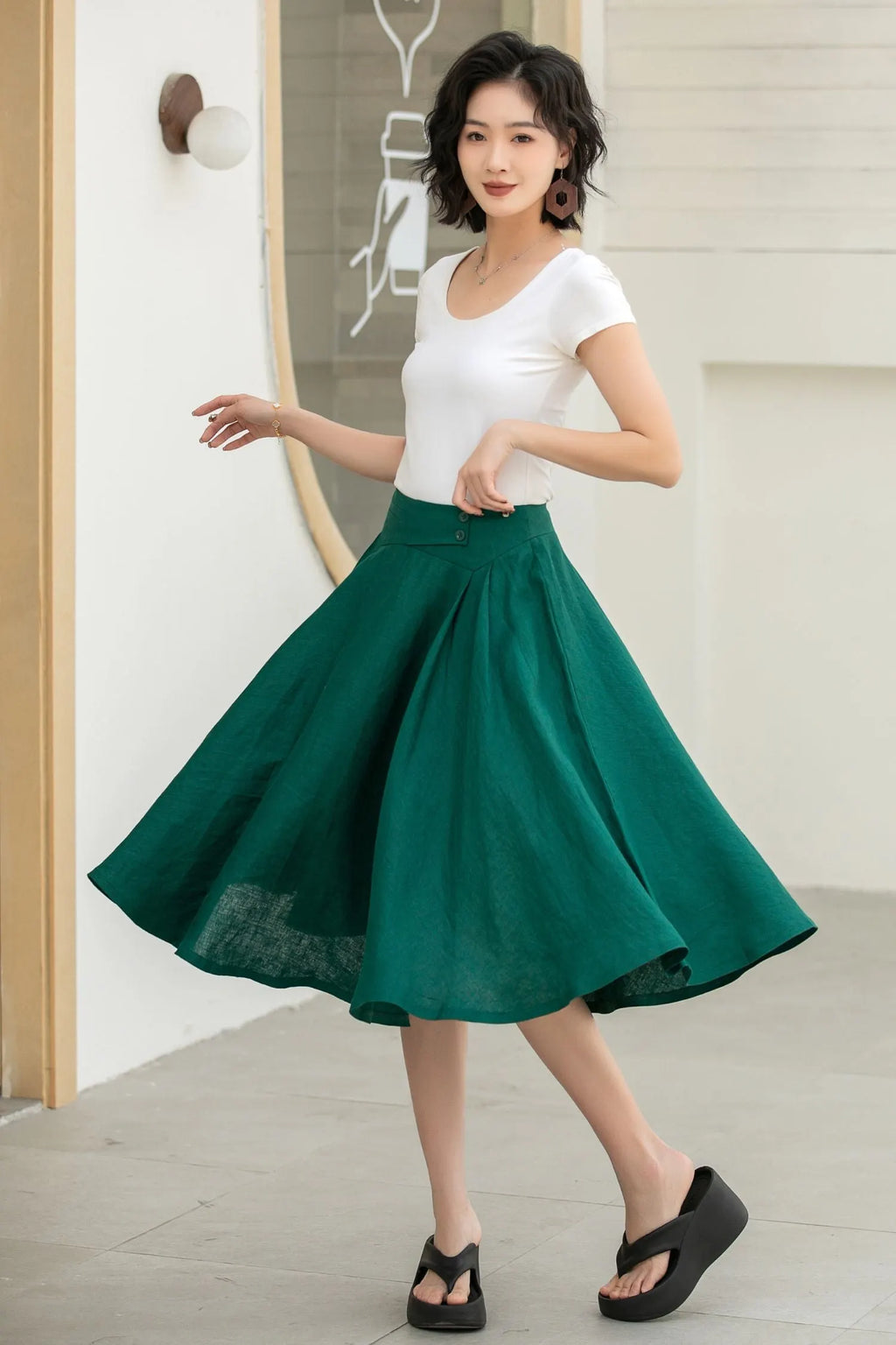Dark Green Linen Midi Skirt - High-Waisted A-Line Flare 5834