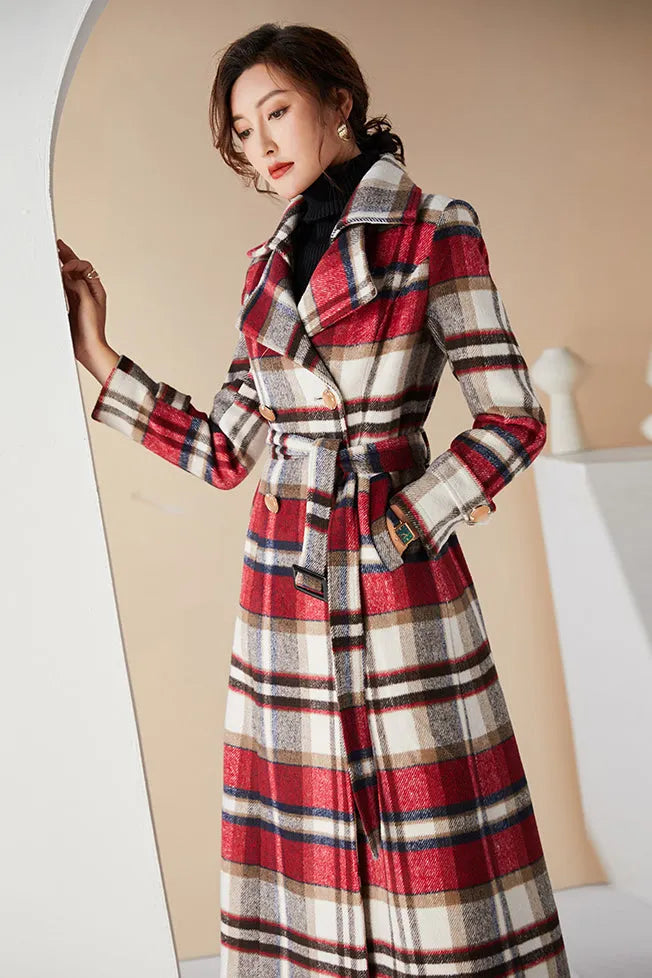 Handmade Plaid Wool Coat – Vintage Red Check Double-Breasted Long Belted Overcoat 
