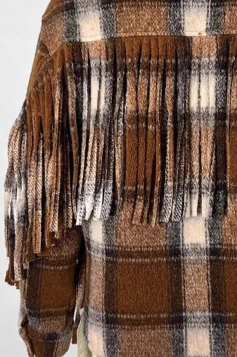 Plaid Fringe Wool Crop Coat