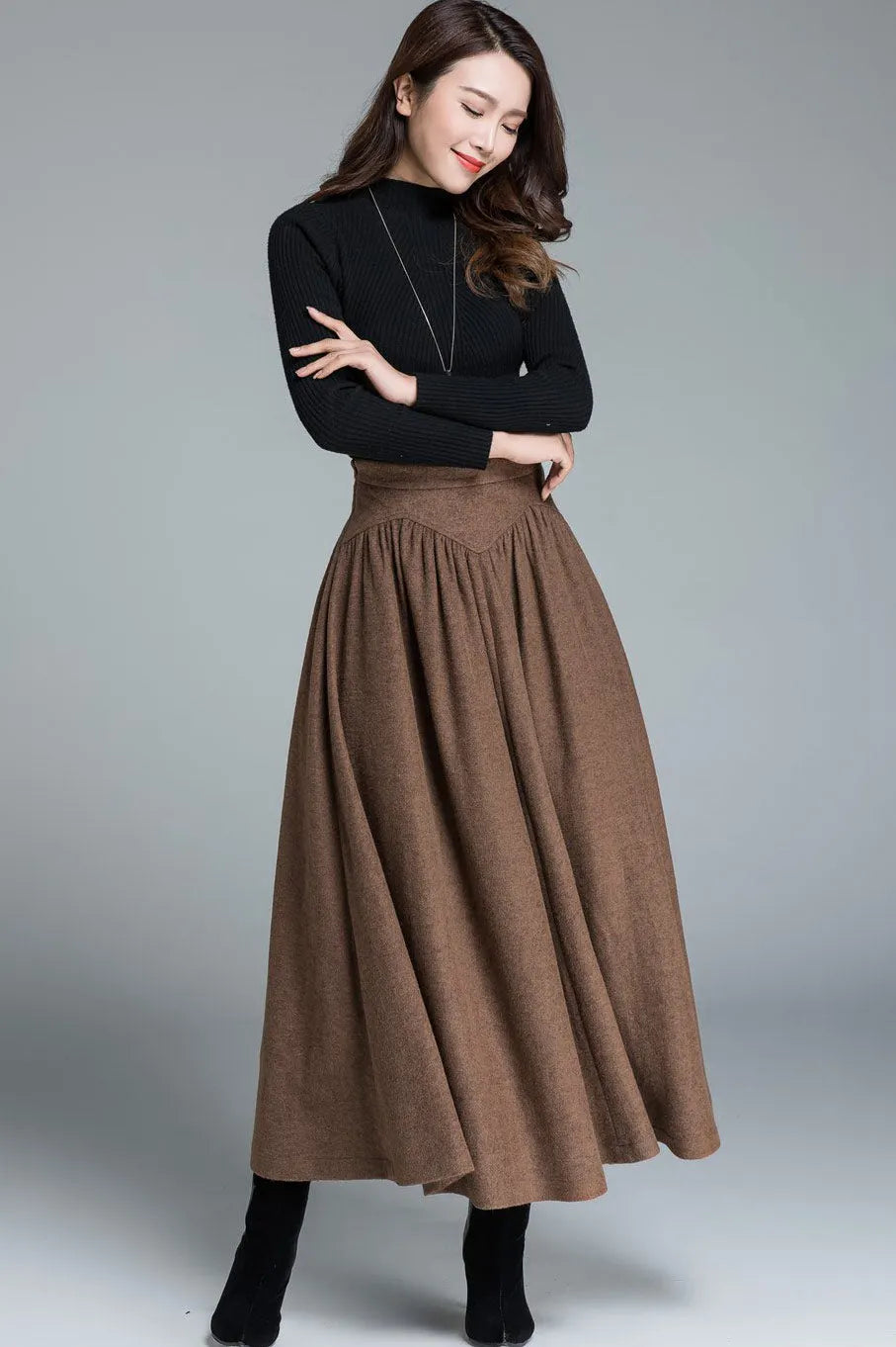 Brown Wool Maxi Skirt - Vintage High Waist A-Line Silhouette 1642