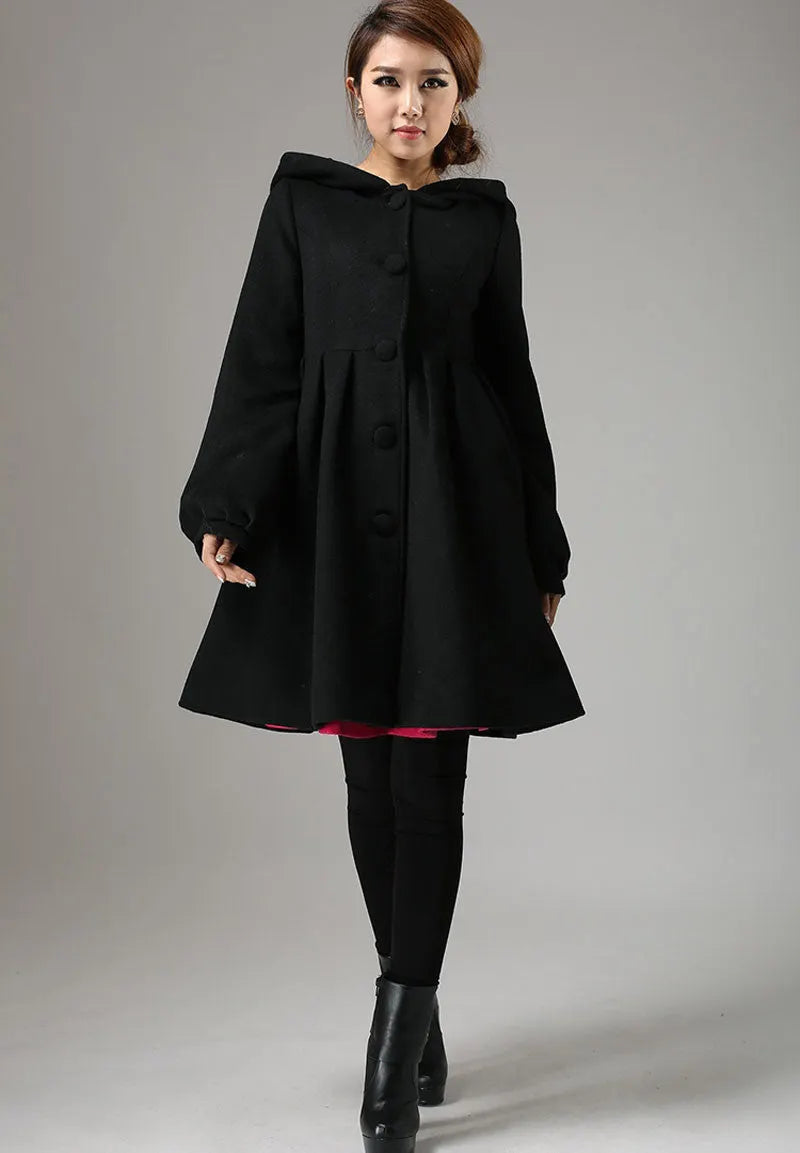 Black Hooded Wool Coat – Handmade Single-Breasted Winter Short Coat 