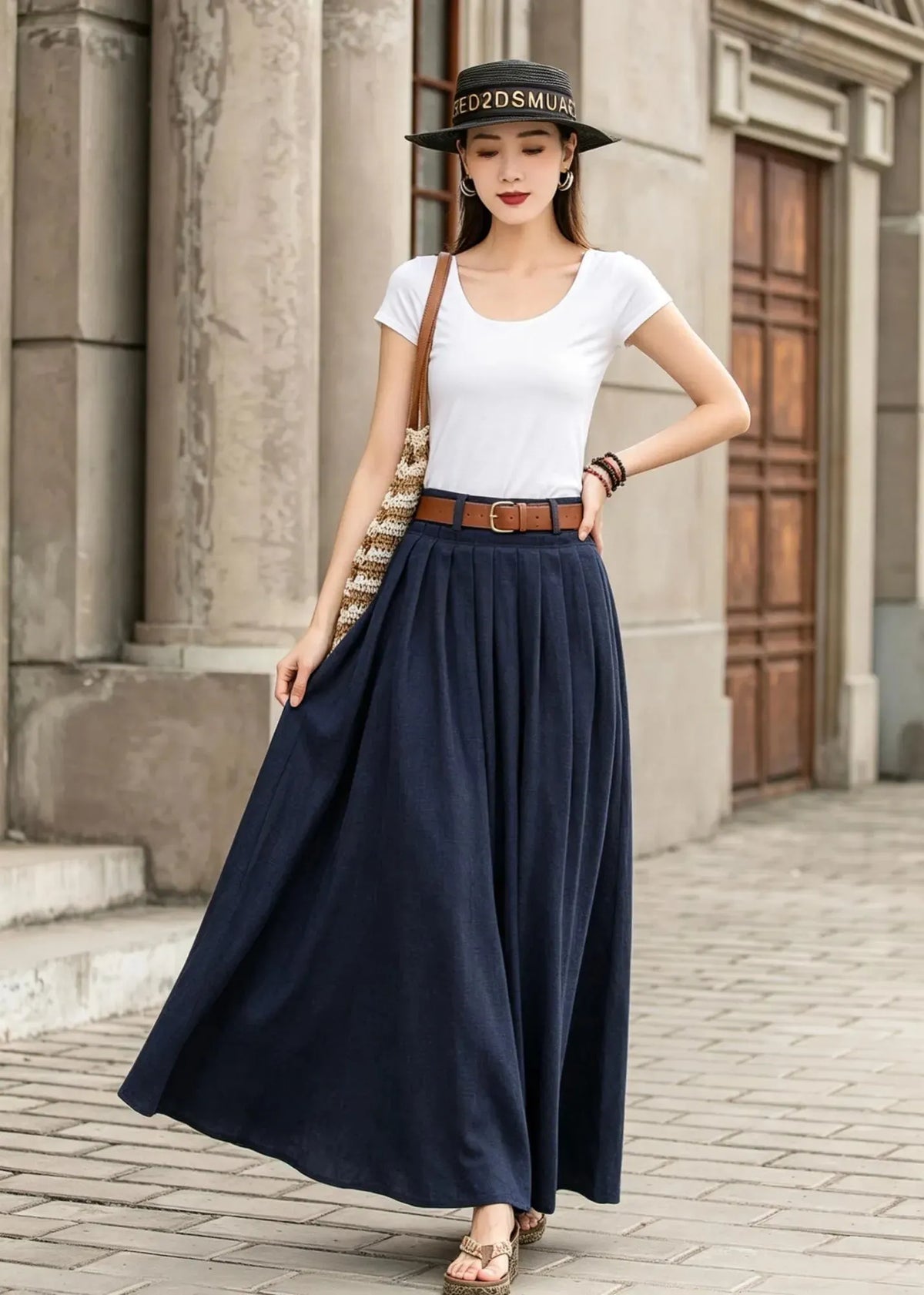 Blue Cotton Linen Maxi Skirt - High Waist Pleated Swing with Pockets 2847