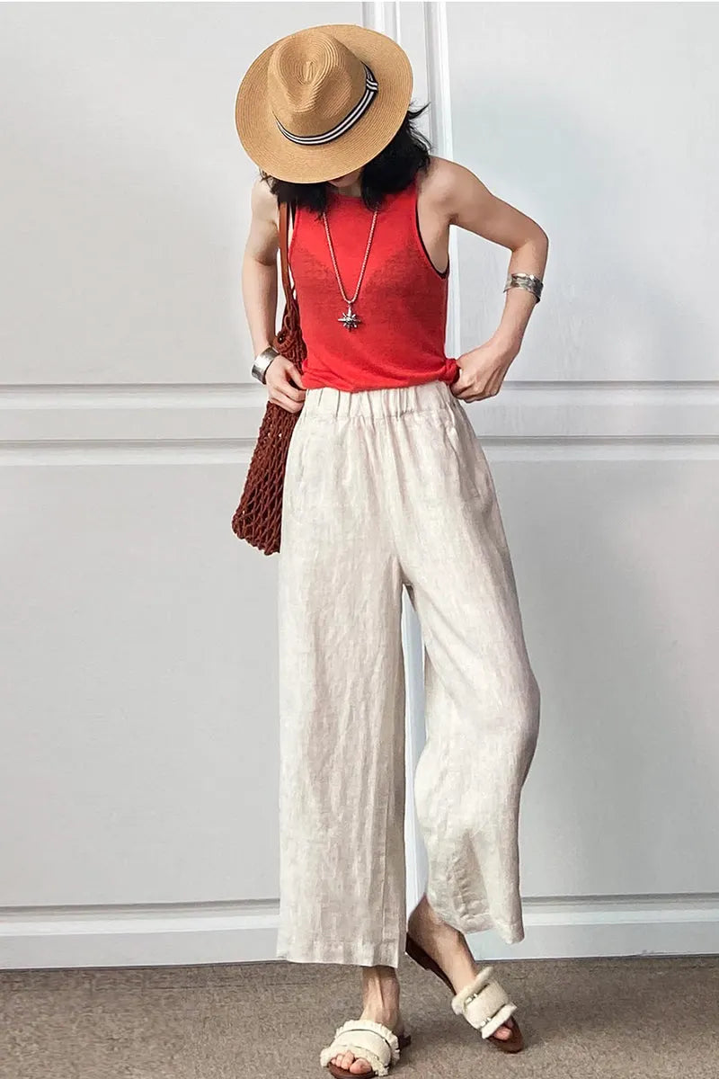Beige Cotton Linen Wide Leg Pants - Loose Fit with Elastic Waist 3496