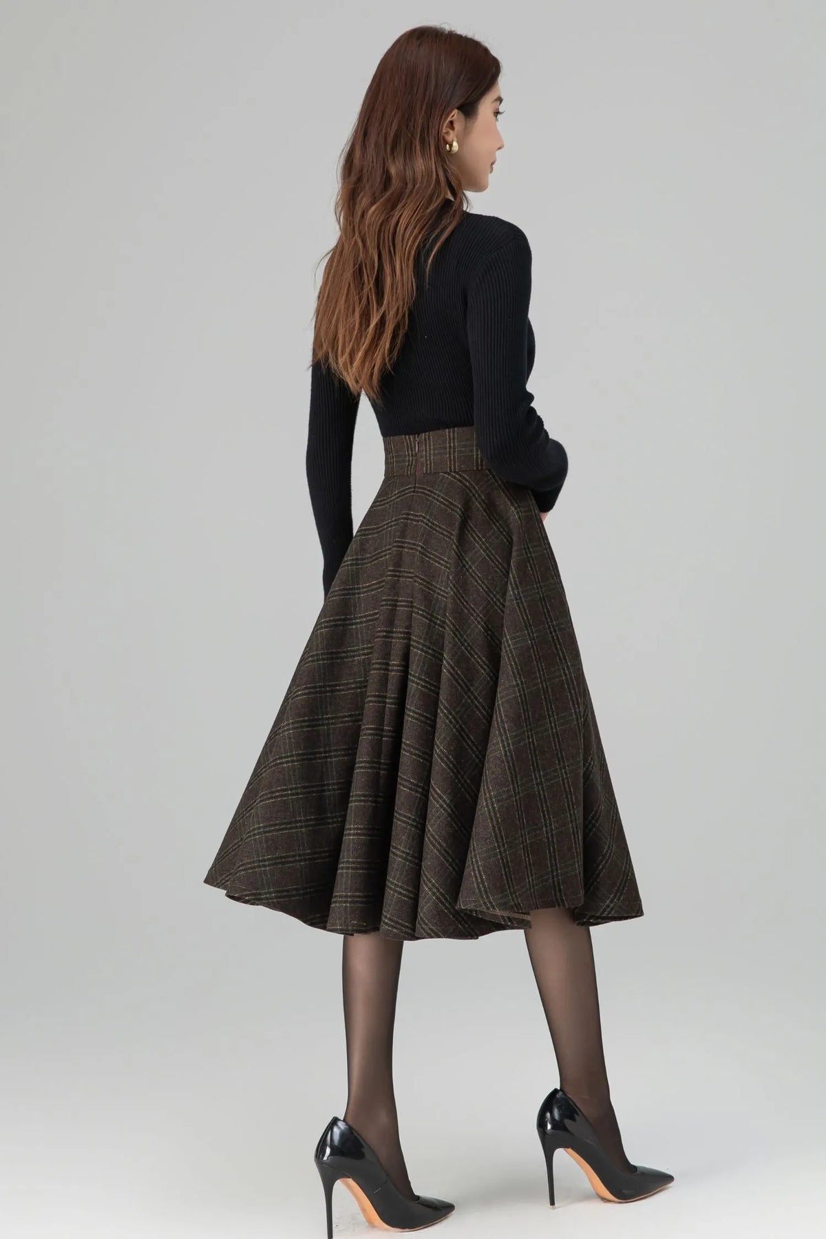 Brown Wool Midi Skirt - High-Waisted Wide Waistband Circle Silhouette 6396