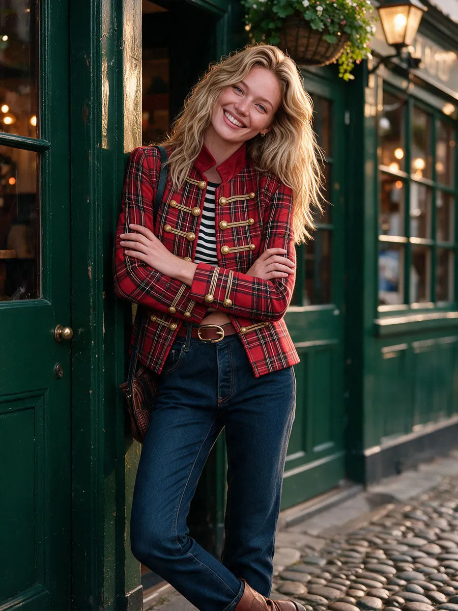 Retro Red Plaid Frog Button Velvet Collar Jacket