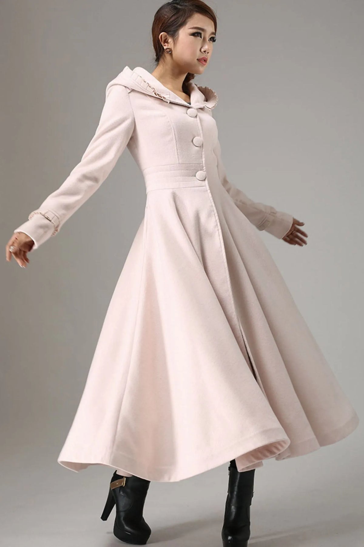 Vintage Pink Wool Blend Coat – Ruffle Hood Long Winter Coat for Women 
