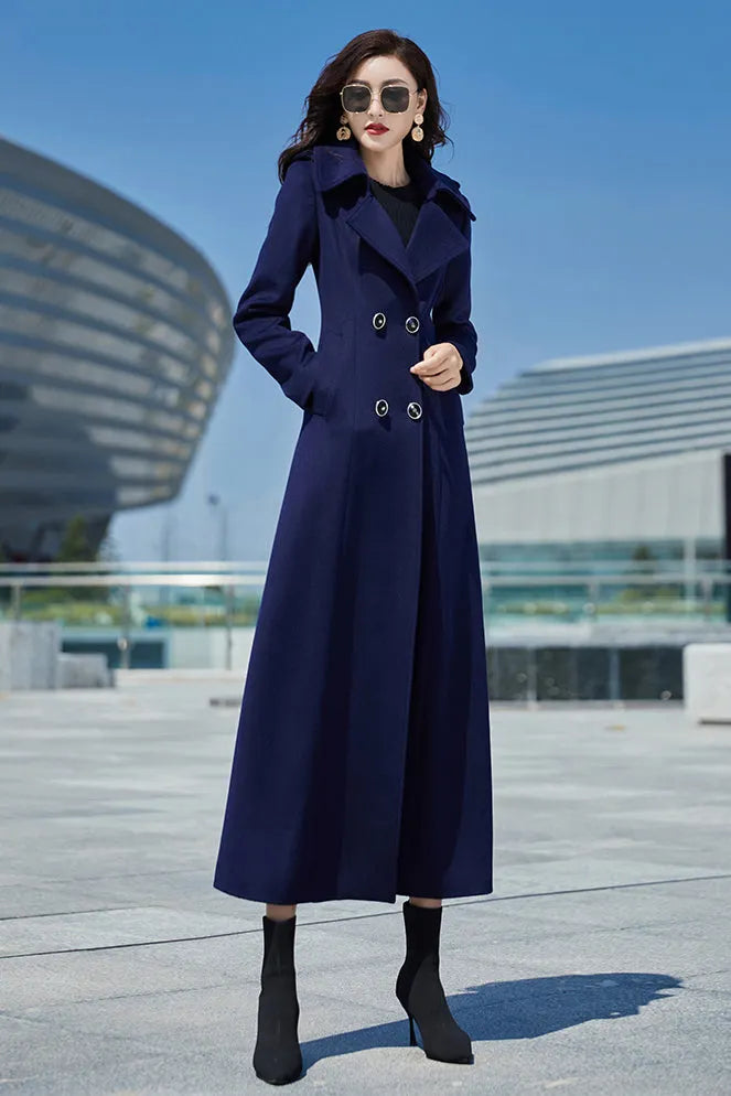 Navy Blue Wool Coat – Long Double Breasted Fit & Flare Winter Overcoat 