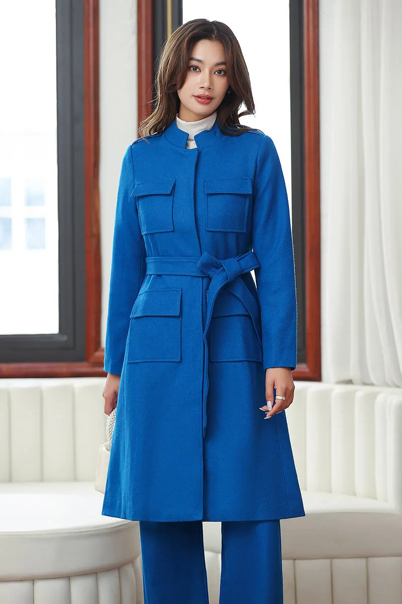 Blue Wool Coat and Wide Leg Pants - Elegant A-Line Silhouette 4028