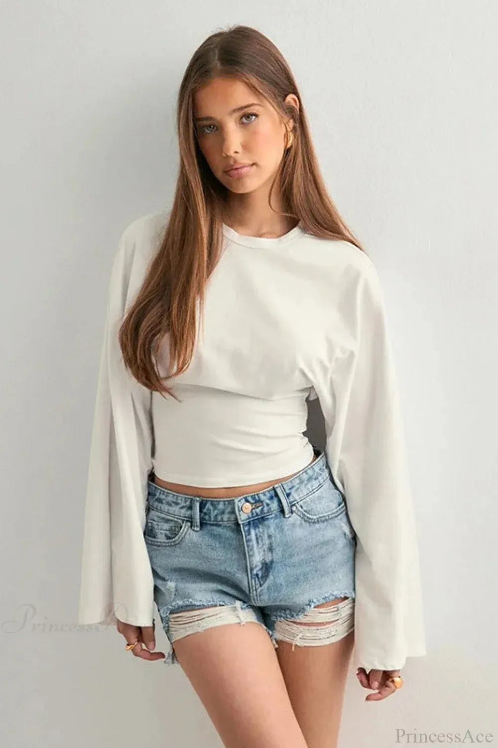 Solid Crew Neck Wide Sleeve Waist Cinched Long Sleeve Tee