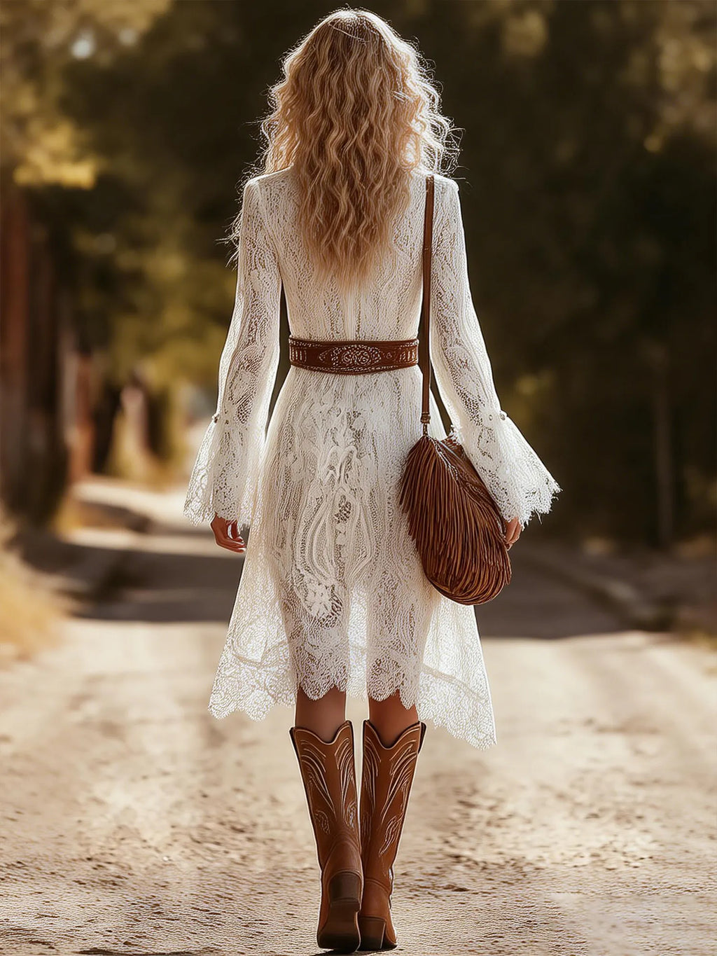 Vintage Western Style V-Neck Irregular Flared Sleeve Lace Midi Dress