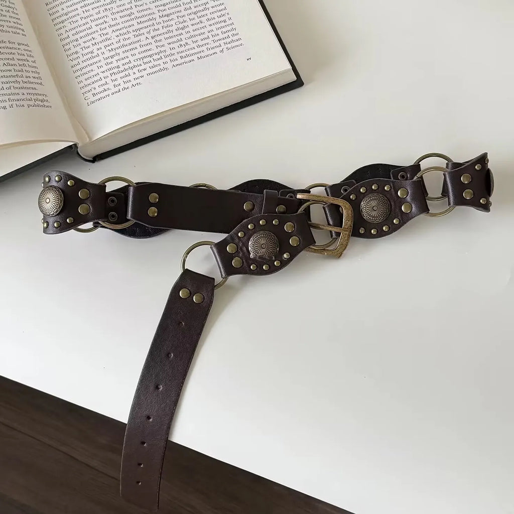Stylish Wide Leather Belt With Vintage Studs For Women