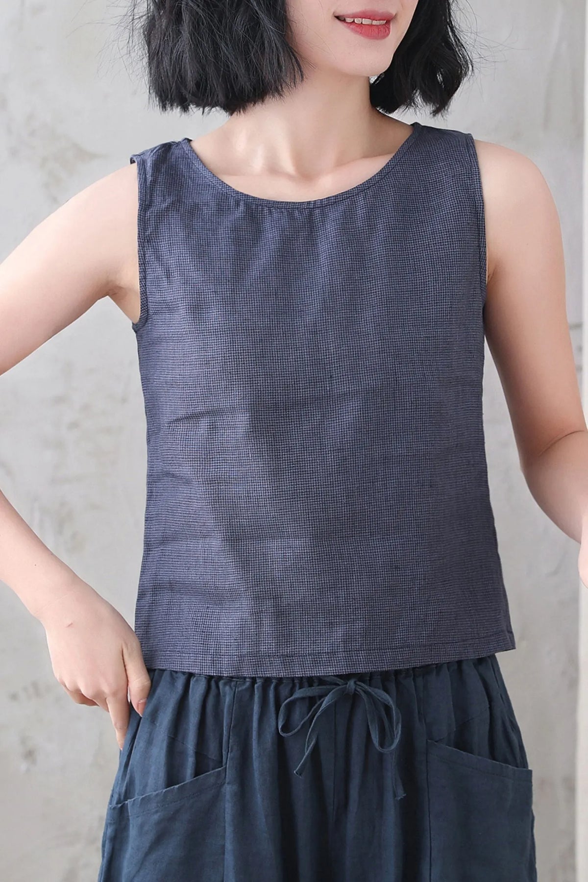 Blue Checked Linen Tank Top - Loose Fit with Scoop Neckline 3338