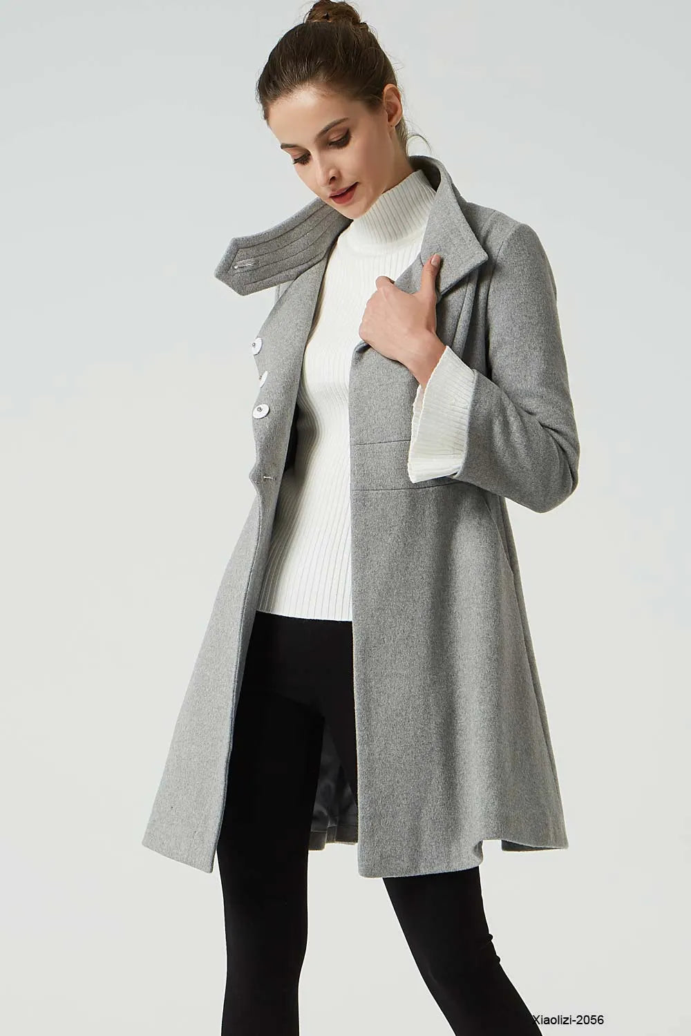 Light Grey Wool Coat - Fitted Waist with Stand-Up Collar 2056