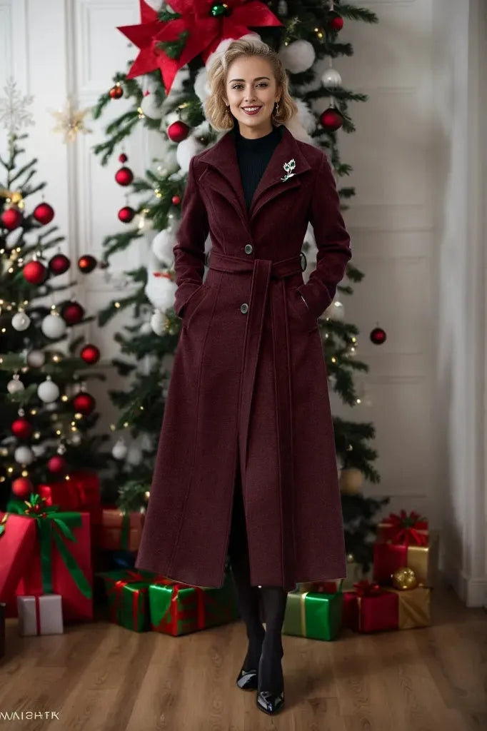Wine Red Wool Midi Coat - Flared Silhouette with Waist Belt 5350
