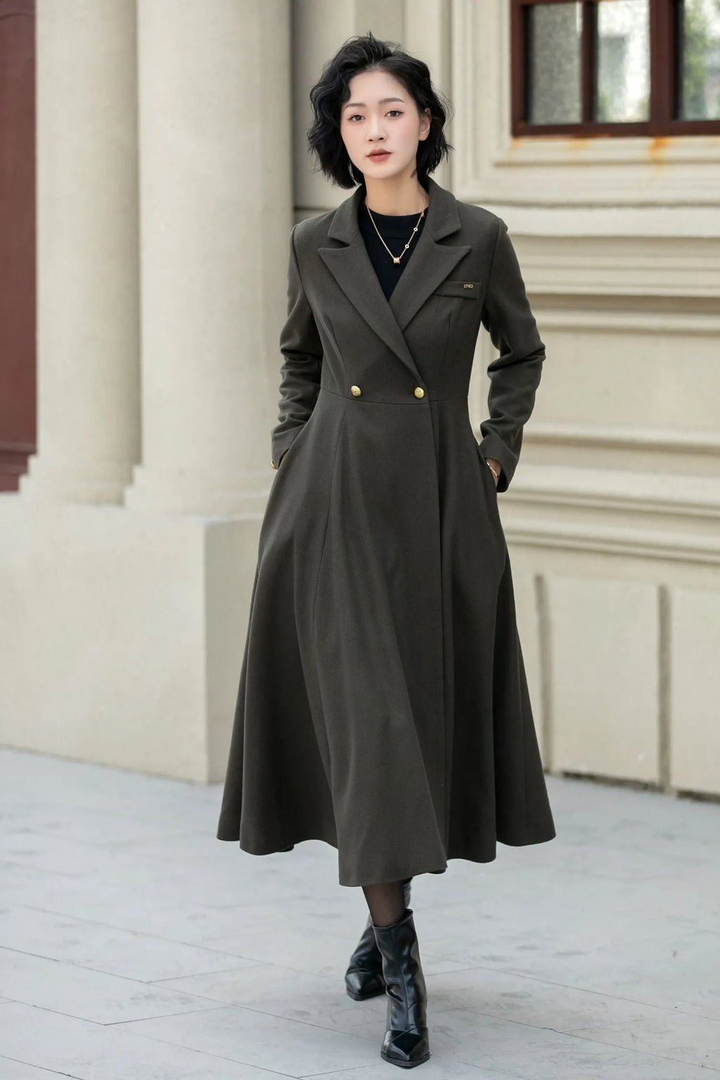 Army Green Wool Fit and Flare Double Breasted Coat - Fitted Waist 5459