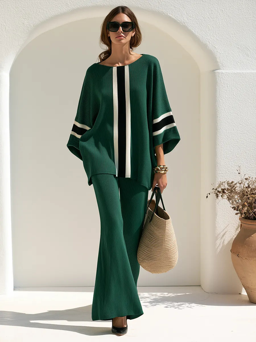 Retro-style Color-block Patchwork Batwing-sleeve Top And Flared Pants Set