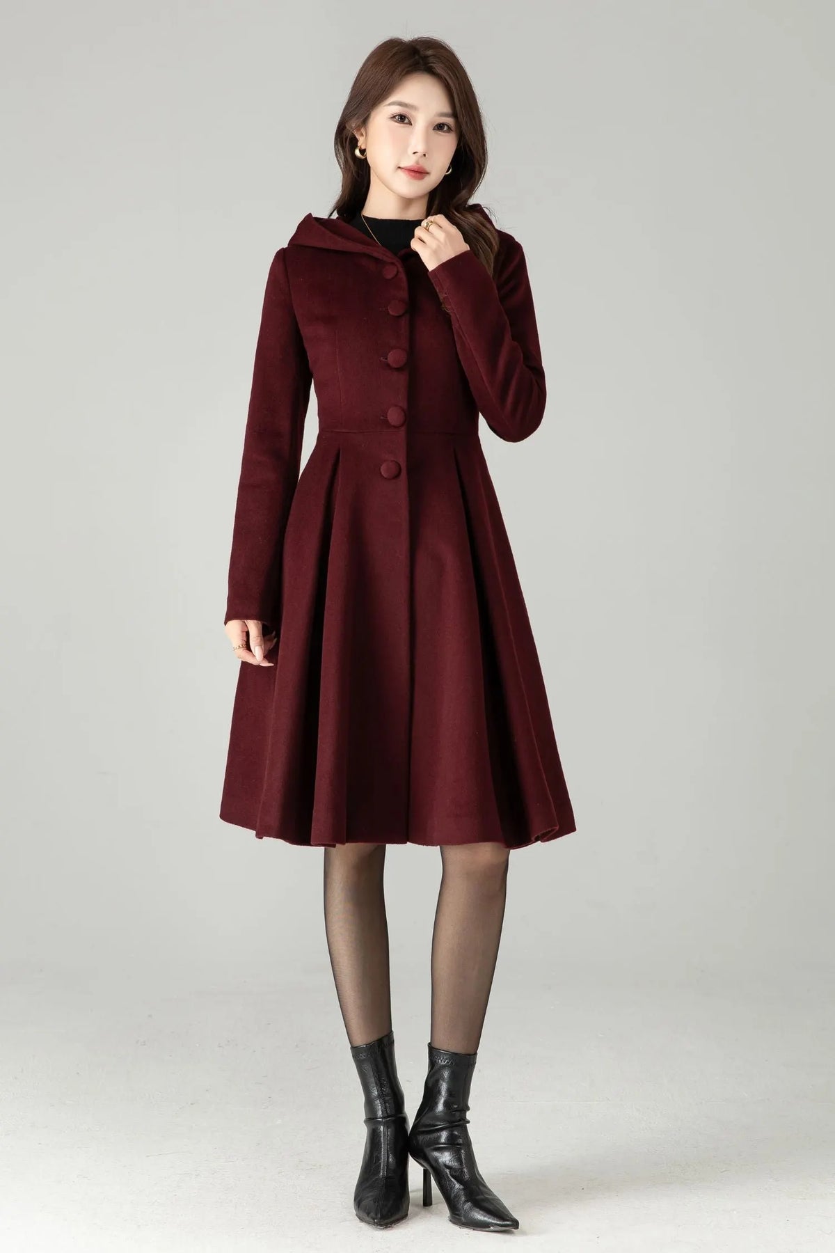 Hooded Burgundy Wool Coat – Vintage Fit & Flare Short Winter Coat 