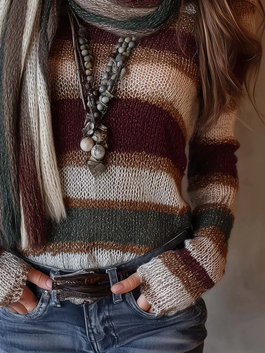 Retro Striped Sweater With Scarf