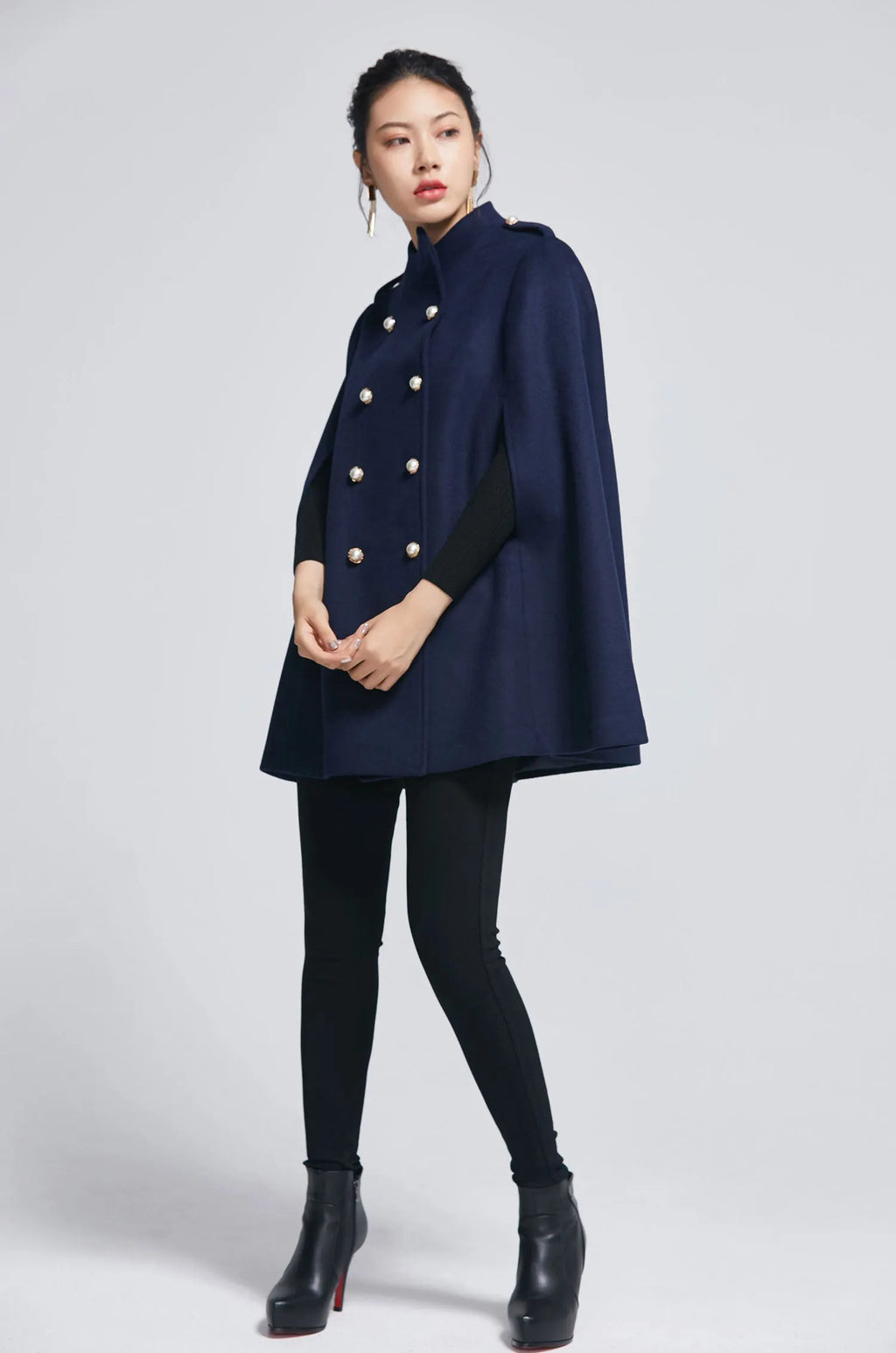 Xiaolizi Navy Wool Cape Coat for Women – Handmade Double-Breasted Winter Cape with High Collar 2279