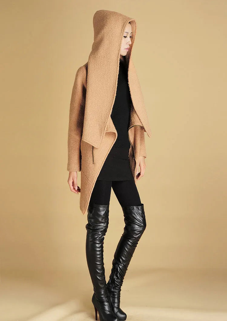 Camel Asymmetrical Wool Coat – Modern Short Winter Coat with Oversized Collar 