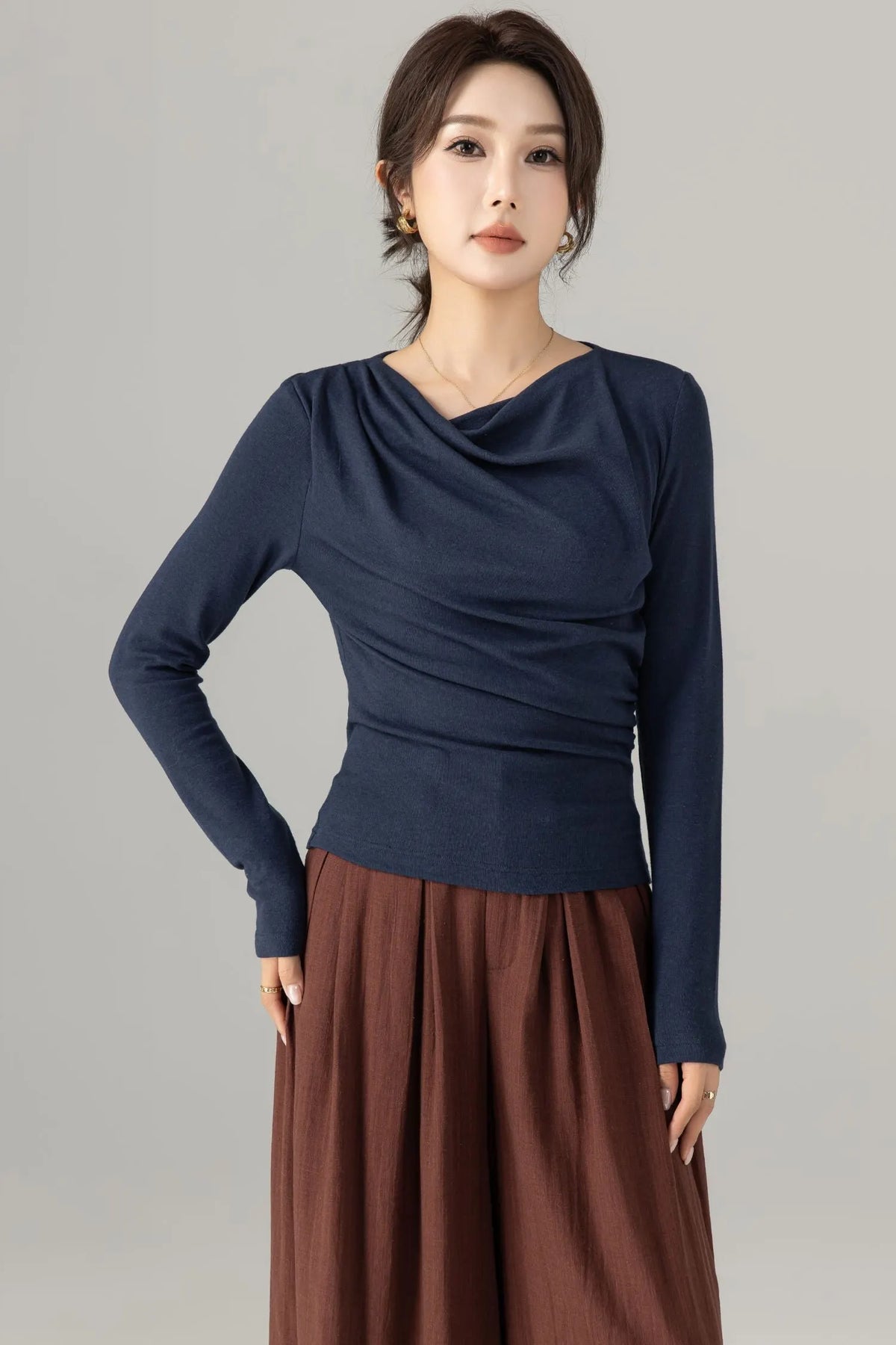 Navy Cotton Knit Long Sleeve Top - Slim Fit Drape Neck 5699