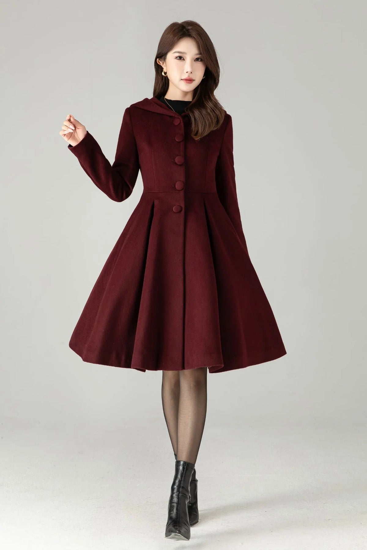 Hooded Burgundy Wool Coat – Vintage Fit & Flare Short Winter Coat 