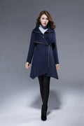 Navy Wool Coat - Asymmetrical Hem and Cowl Neck 1817