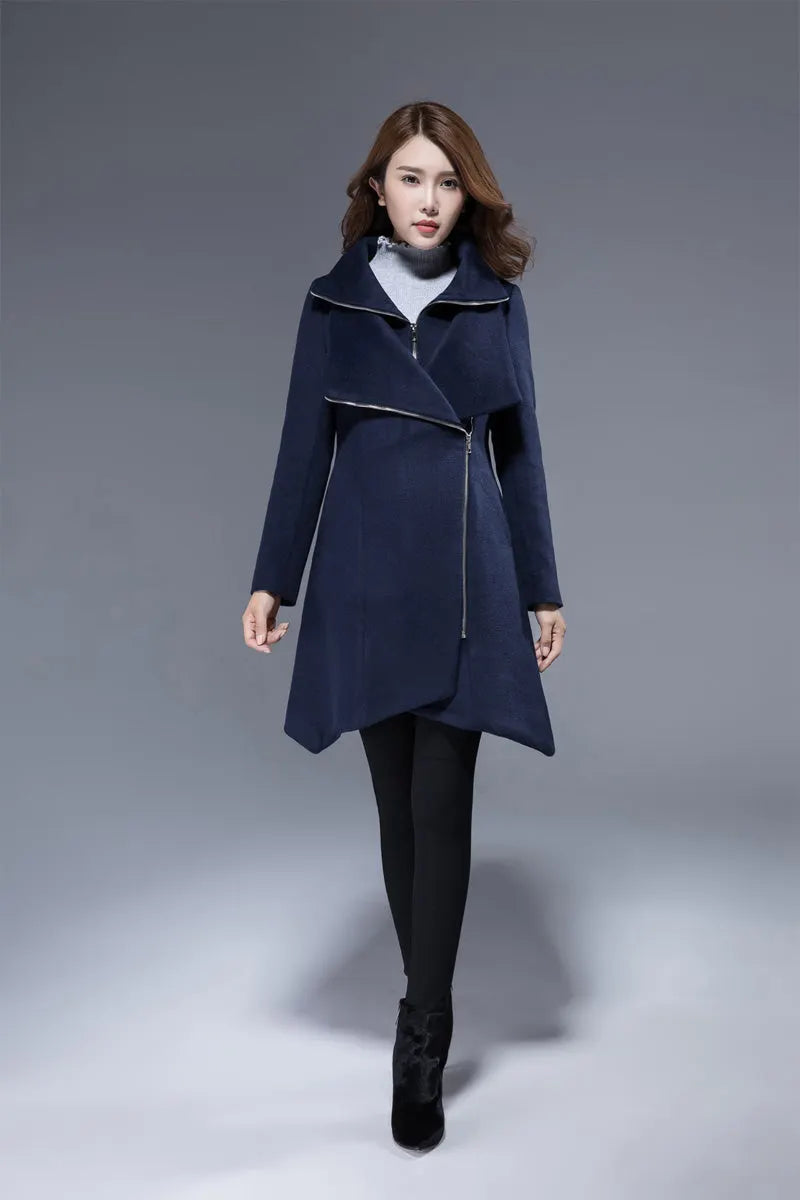 Navy Wool Coat - Asymmetrical Hem and Cowl Neck 1817