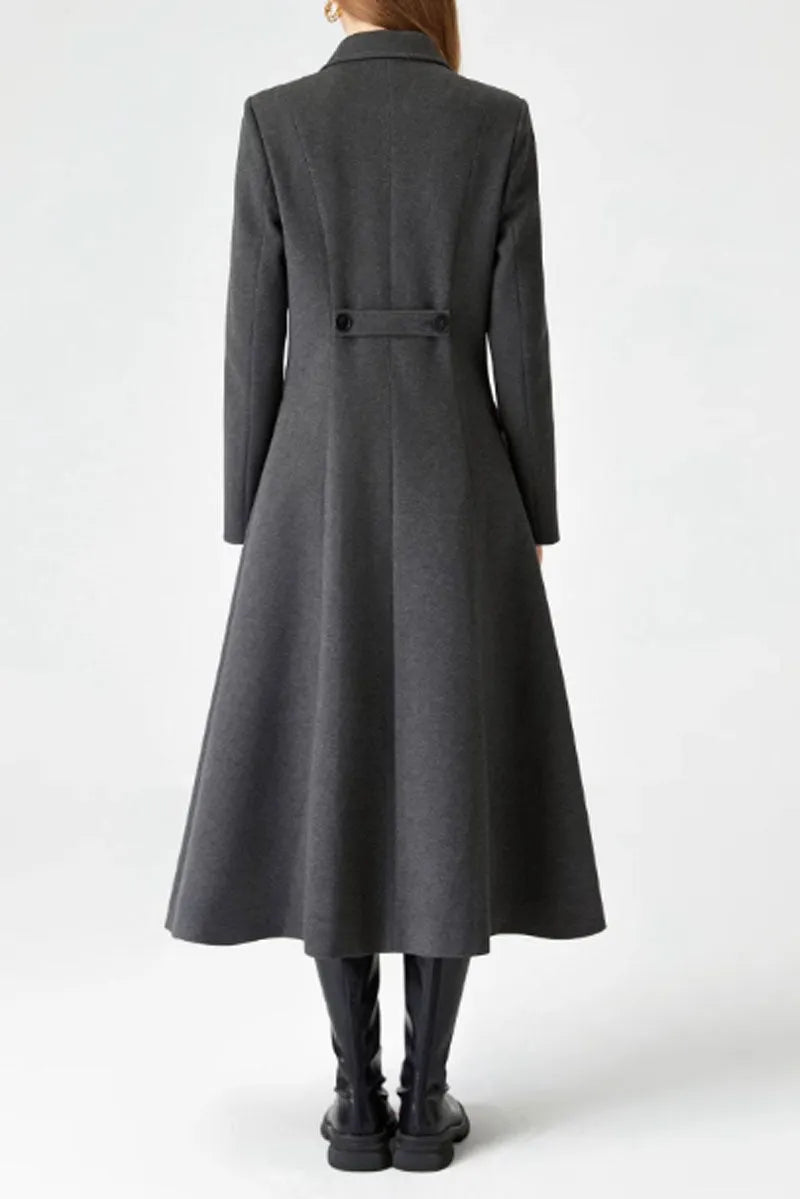 Black Wool Blend Long Coat - Double Breasted Belted 