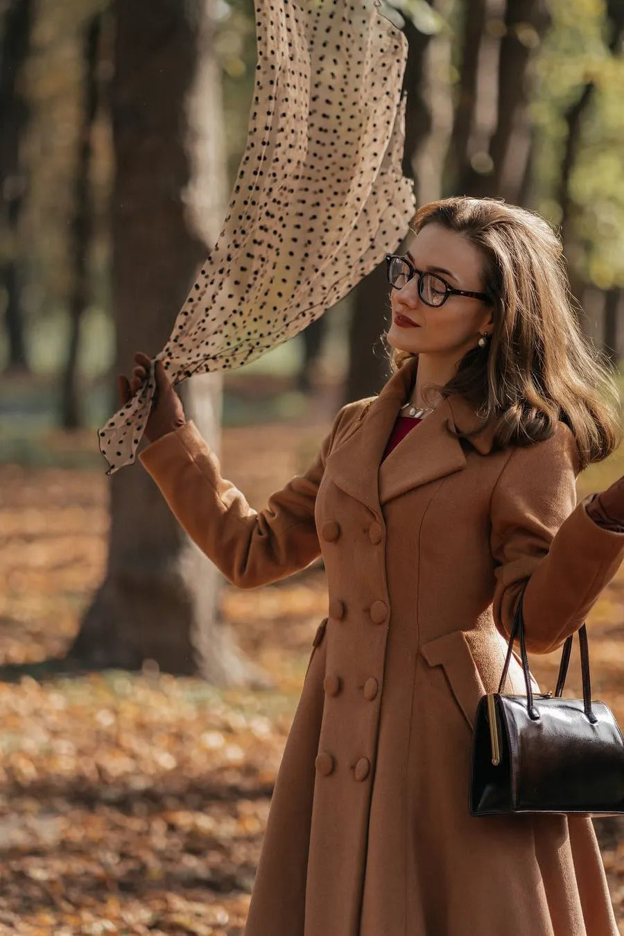 Camel Wool Coat - Double Breasted Fit and Flare Midi Coat 3261