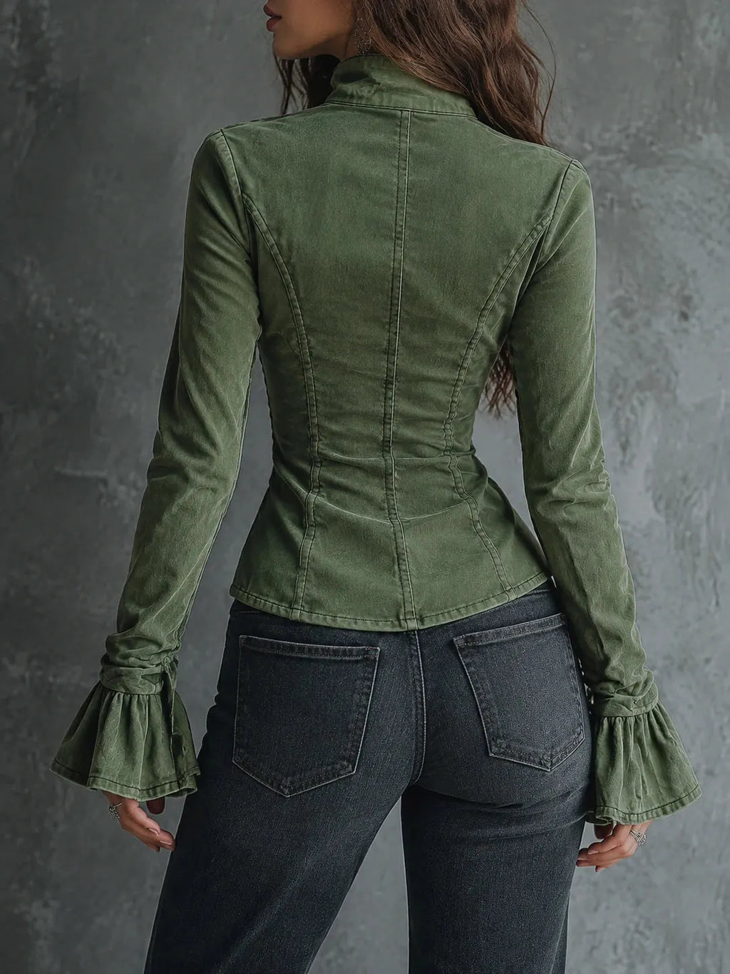 Vintage Washed Pinch Pleated Ruffle Cuff Denim Blouse