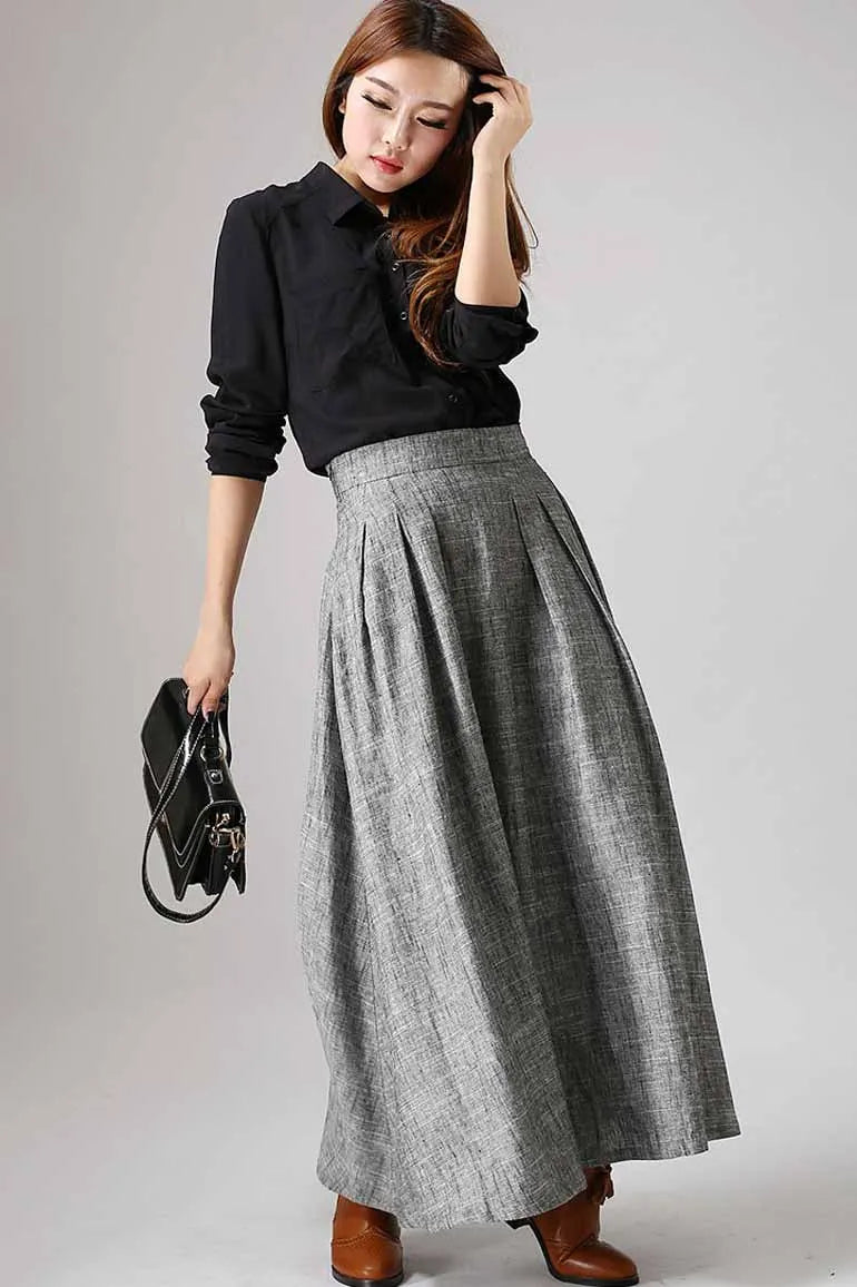 Grey Linen Cotton Maxi Skirt - Pleated A-Line Silhouette 886