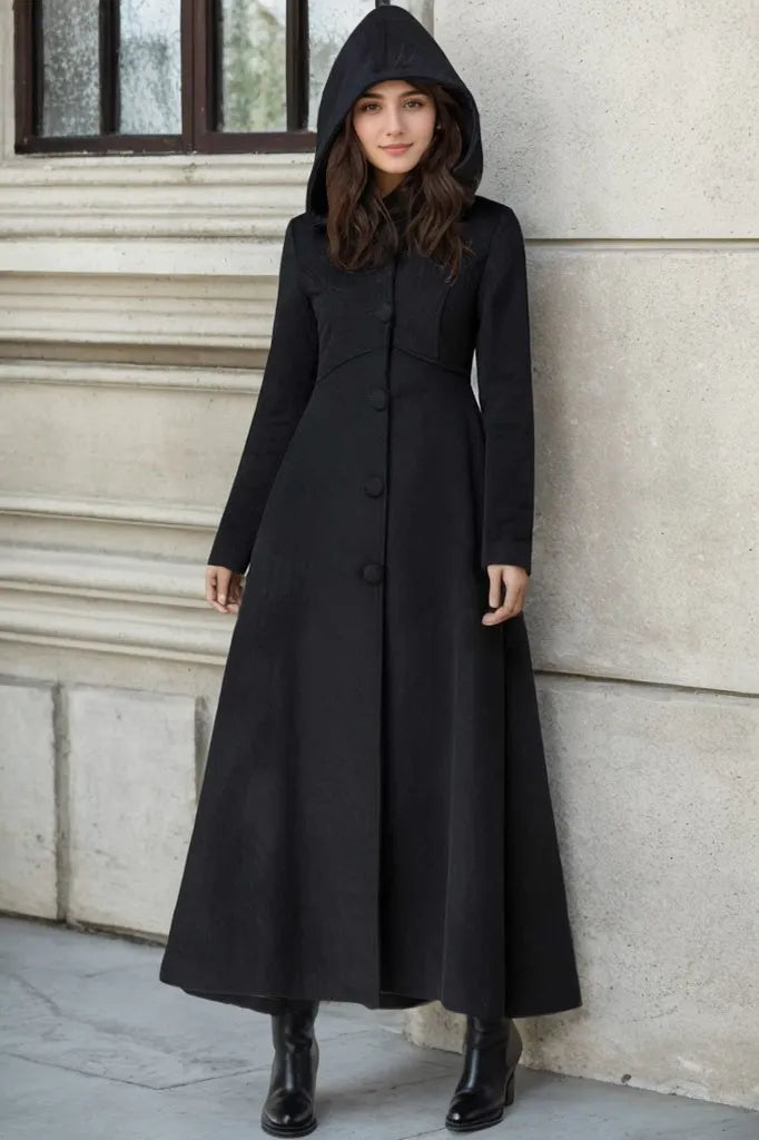 Black Wool Hooded Coat – Vintage A-Line Maxi Overcoat for Women 1839