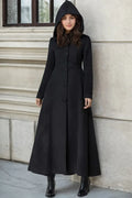 Black Wool Hooded Coat – Vintage A-Line Maxi Overcoat for Women 1839