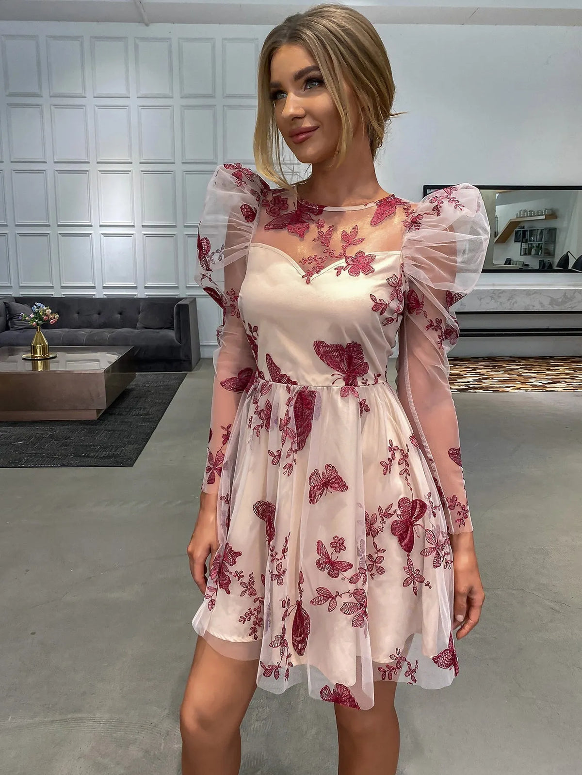 KittenAlarm - Women Fashion See Through sexy butterfly dot embroidery lace dress short skirt Gigot sleeve dress
